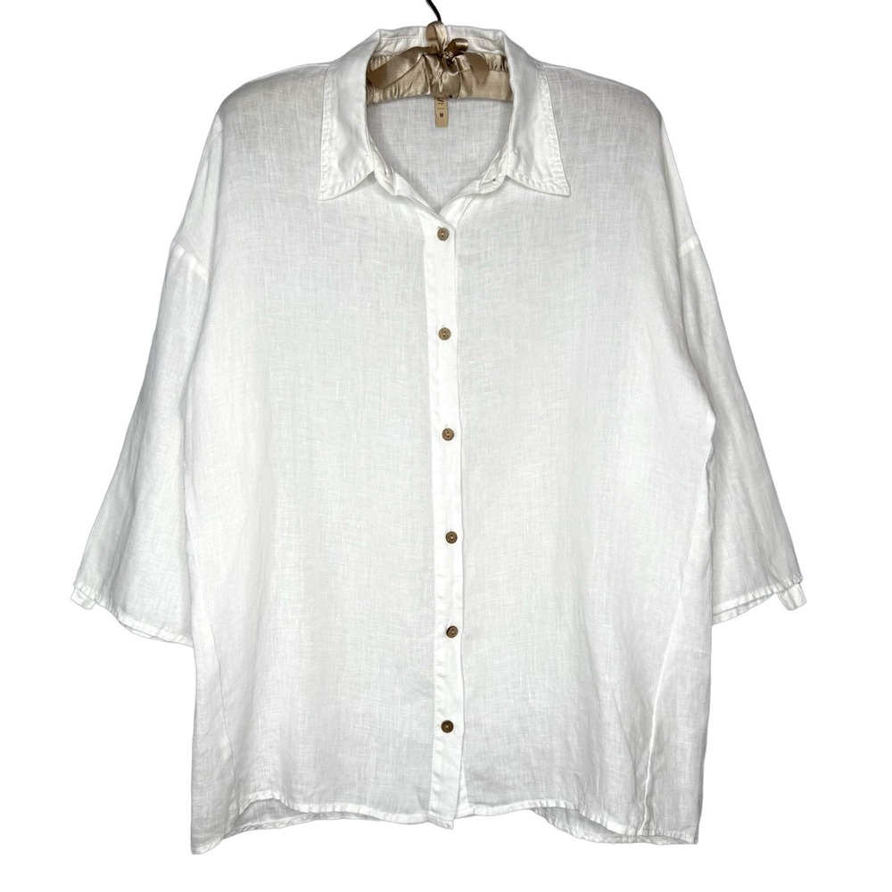XCVI 100% Linen Button Up Medium Coastal Capsule Minimalist Lagenlook White